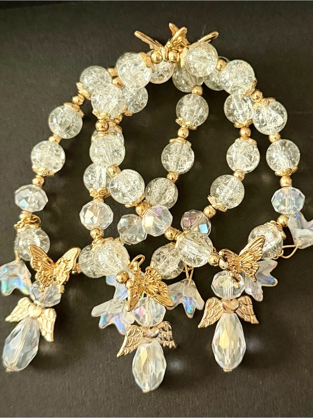 Gold Accented Clear Crystal Beaded Bracelet with Angel Charms